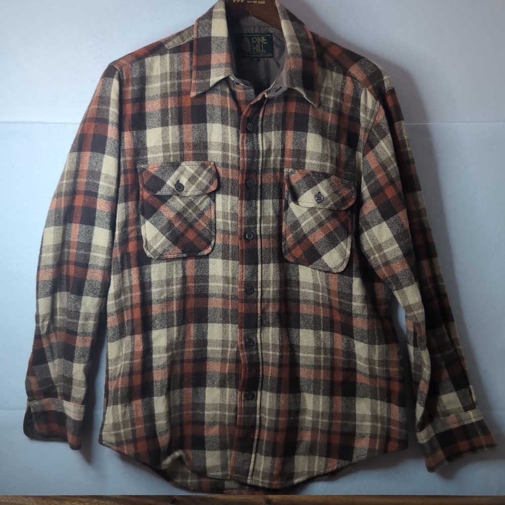 Vtg Pine Hill Wool Blend Plaid Flannel Shirt Lined Brown Orange Mens Medium 80s